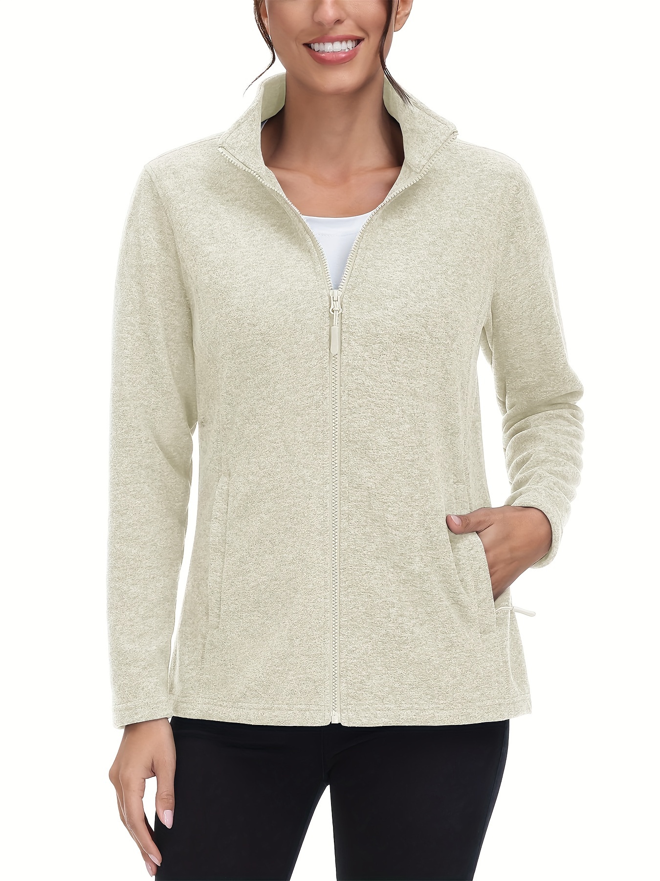 womens plus size fleece jacket full zip stand collar casual jacket autumn and winter warm coat lightweight jacket 2 zipper pockets wear office to school home outdoor activities large size fleece jacket details 1