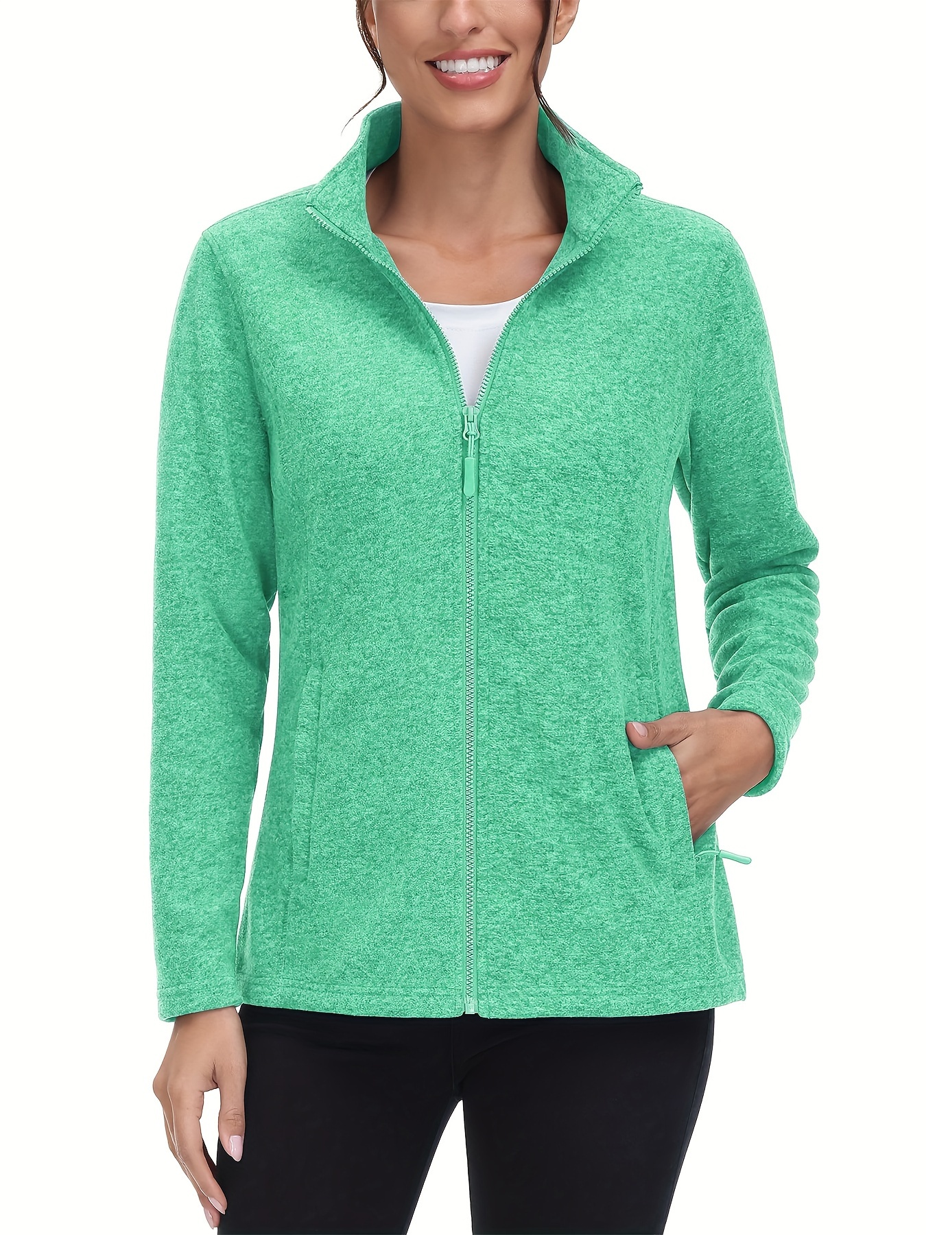 womens plus size fleece jacket full zip stand collar casual jacket autumn and winter warm coat lightweight jacket 2 zipper pockets wear office to school home outdoor activities large size fleece jacket details 4