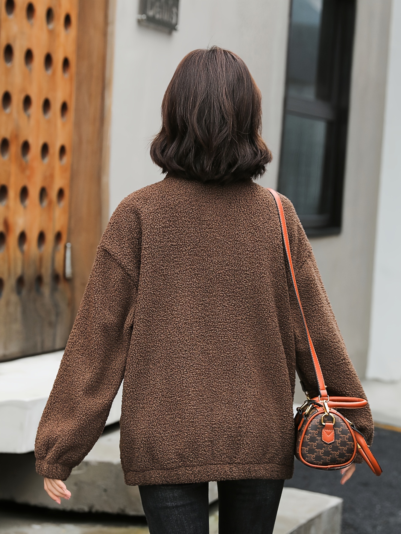 1pc cozy plus size womens casual sherpa jacket solid color polyester knit fabric with stretch stand collar long sleeve zip for details 1