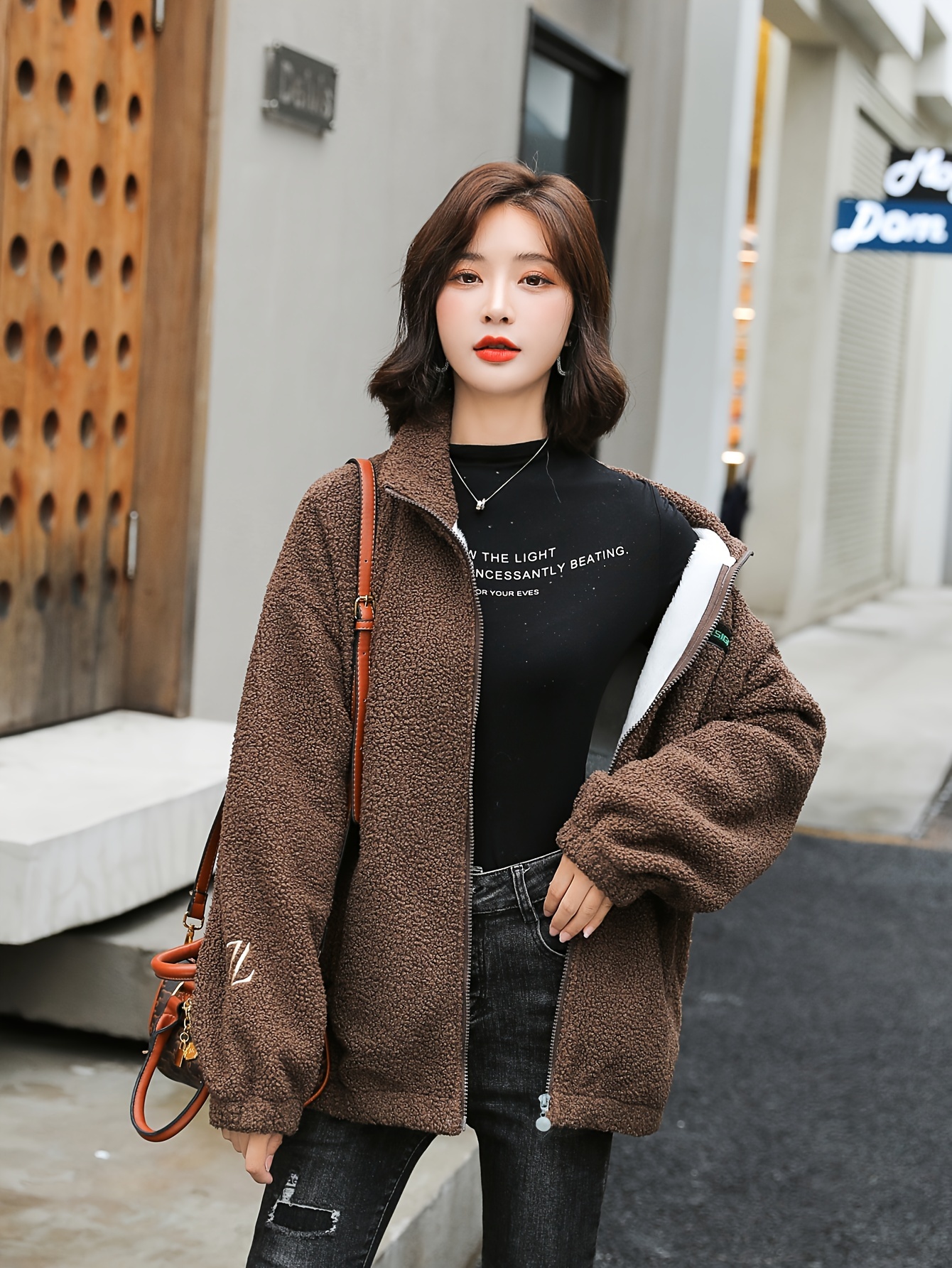 1pc cozy plus size womens casual sherpa jacket solid color polyester knit fabric with stretch stand collar long sleeve zip for details 2