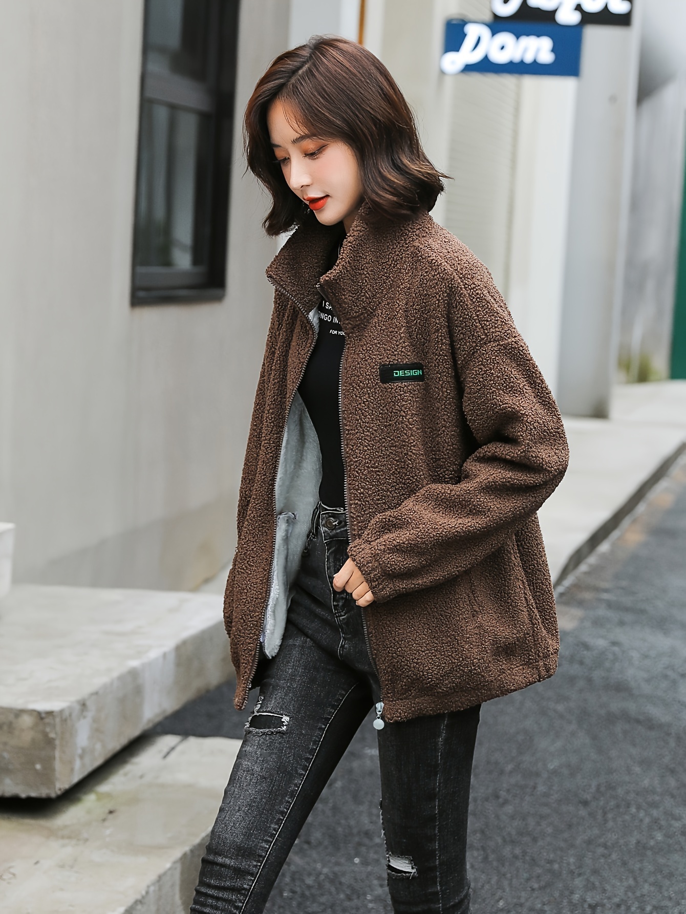 1pc cozy plus size womens casual sherpa jacket solid color polyester knit fabric with stretch stand collar long sleeve zip for details 8