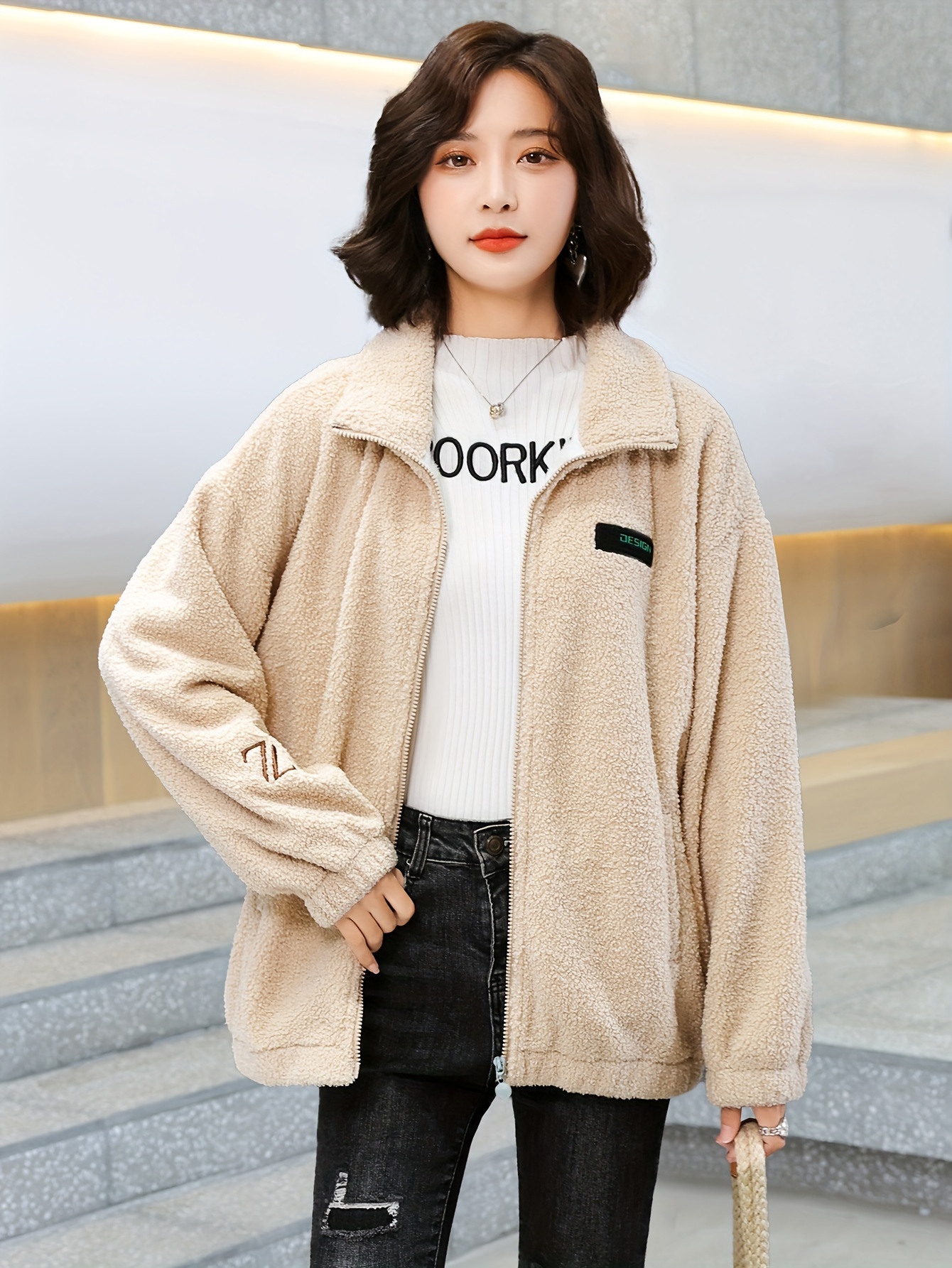 1pc cozy plus size womens casual sherpa jacket solid color polyester knit fabric with stretch stand collar long sleeve zip for details 11