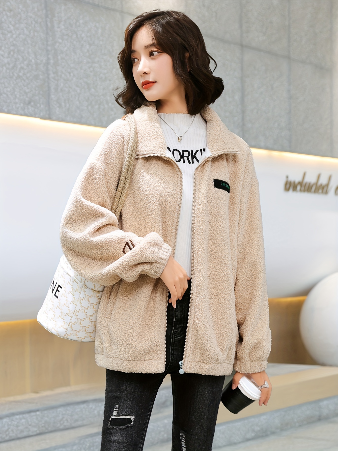 1pc cozy plus size womens casual sherpa jacket solid color polyester knit fabric with stretch stand collar long sleeve zip for details 13