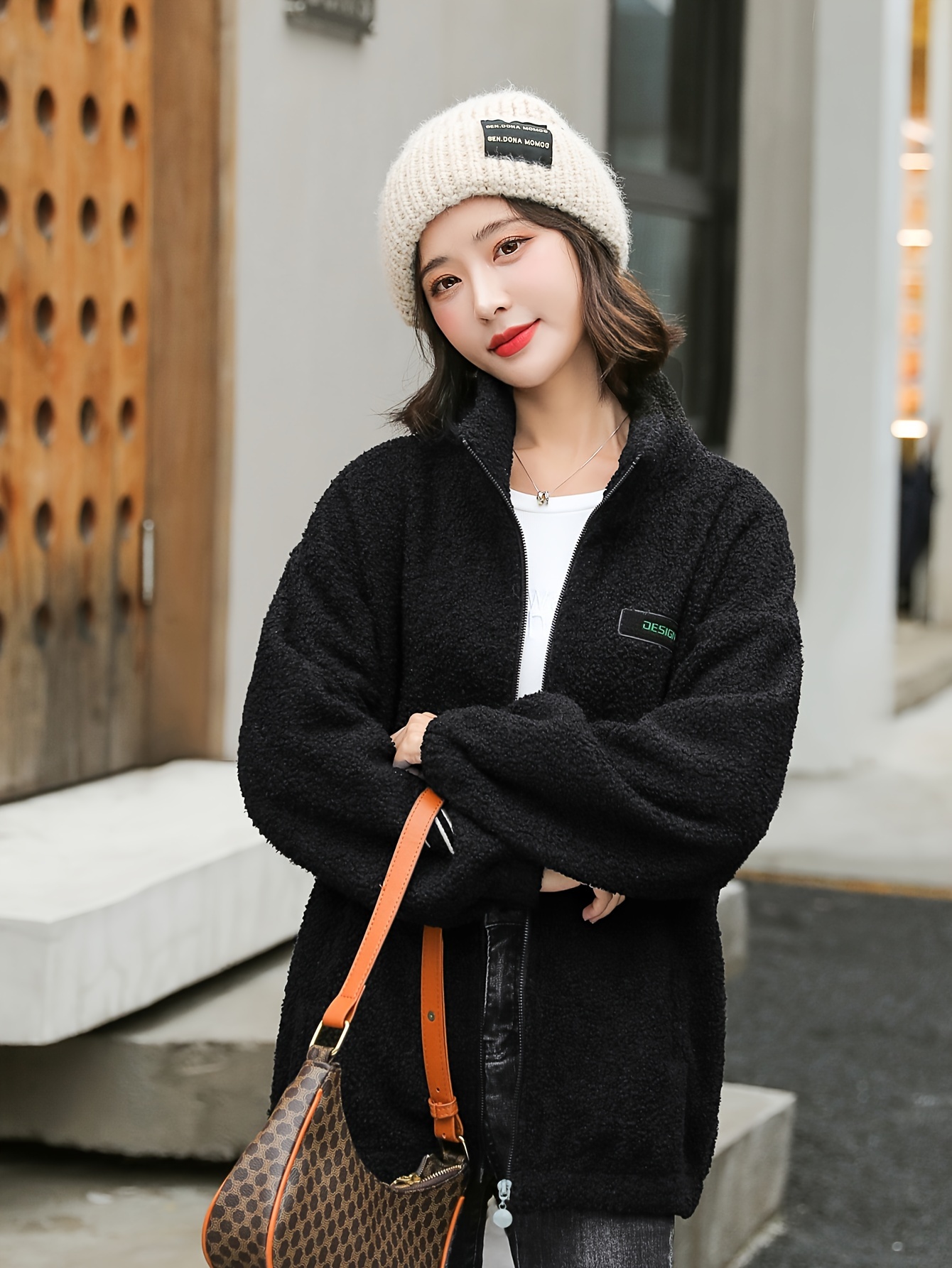 1pc cozy plus size womens casual sherpa jacket solid color polyester knit fabric with stretch stand collar long sleeve zip for details 17