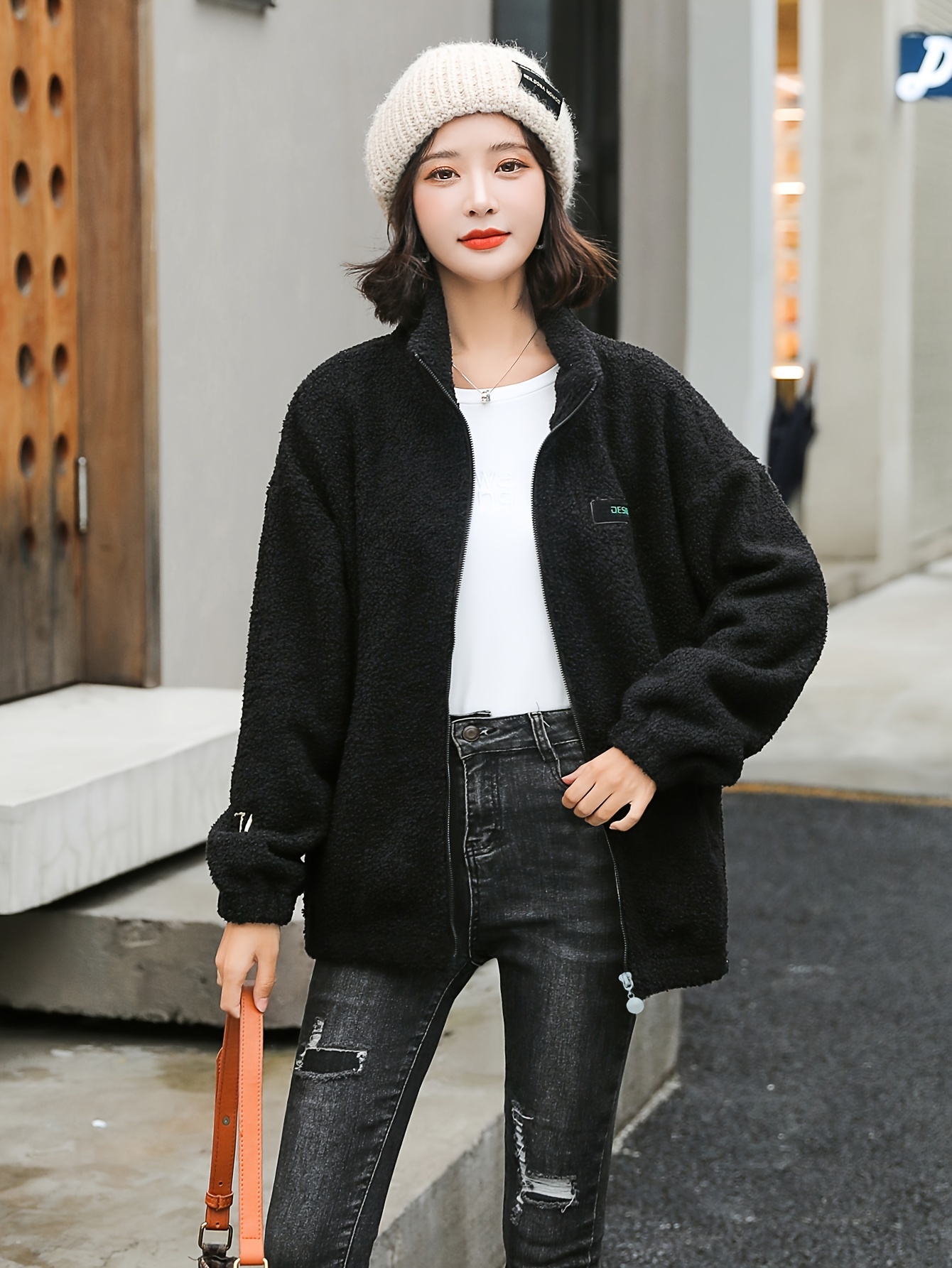 1pc cozy plus size womens casual sherpa jacket solid color polyester knit fabric with stretch stand collar long sleeve zip for details 18