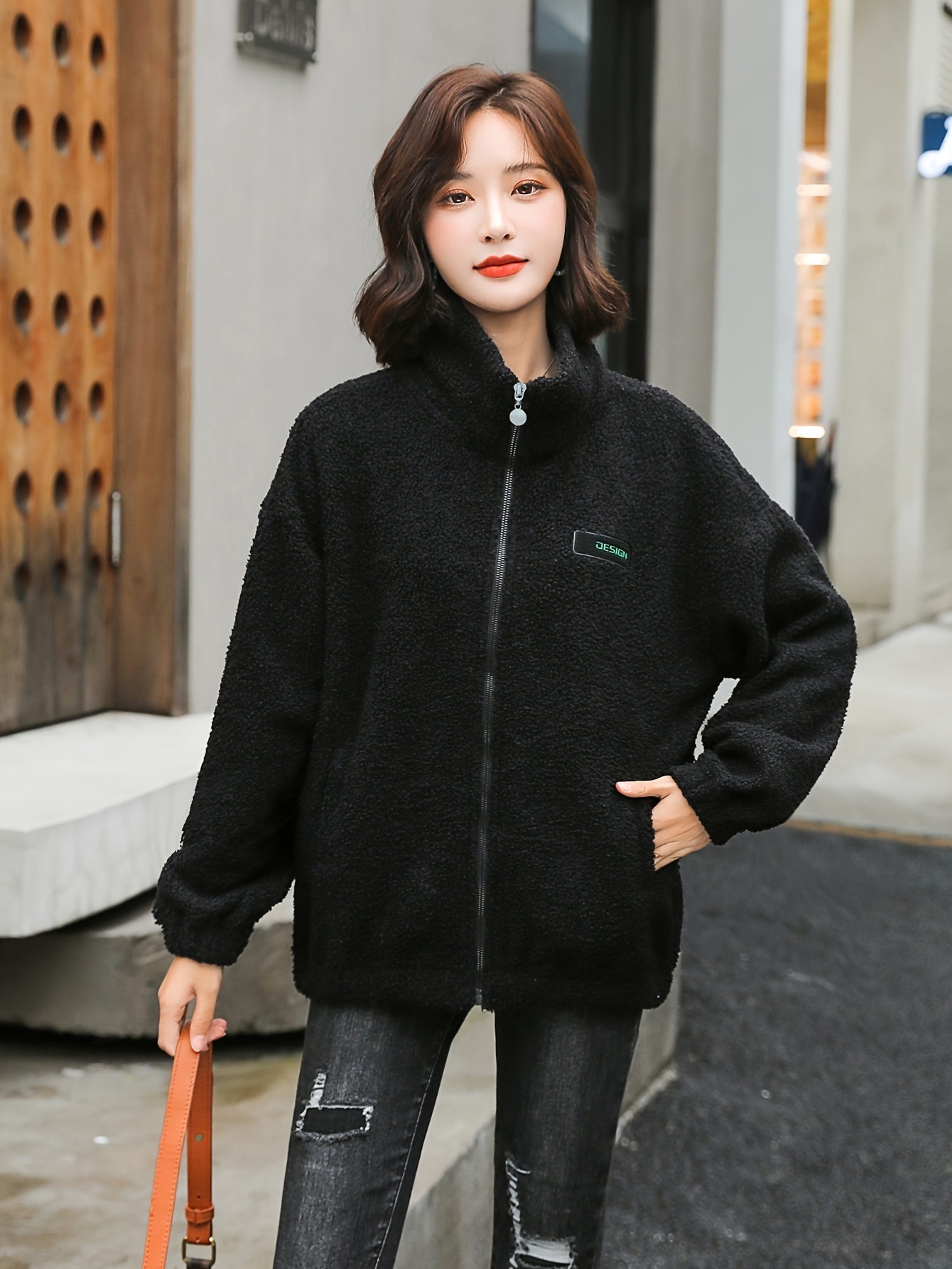 1pc cozy plus size womens casual sherpa jacket solid color polyester knit fabric with stretch stand collar long sleeve zip for details 19