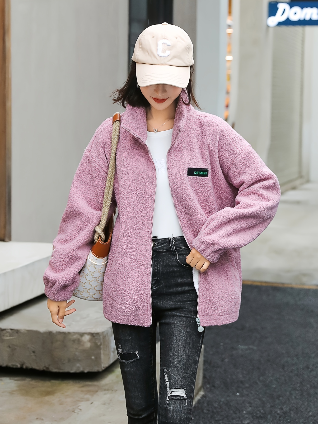 1pc cozy plus size womens casual sherpa jacket solid color polyester knit fabric with stretch stand collar long sleeve zip for details 25