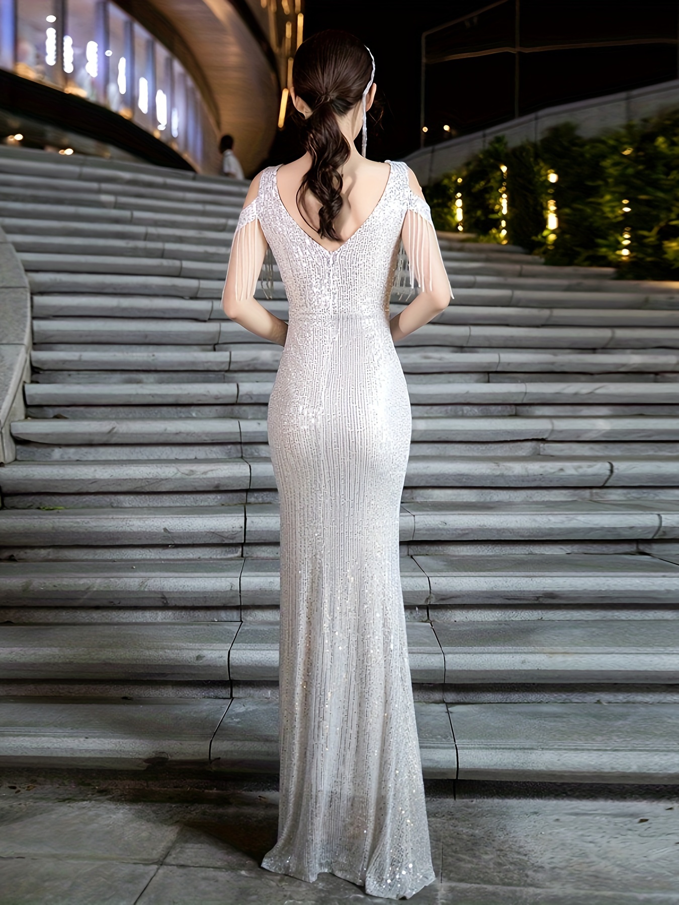 sequined hem mesh splicing dress elegant cold shoulder bodycon maxi dress for party banquet womens clothing details 3