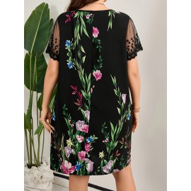 Plus Size Floral Print Dress - Flowy & Feminine with Mesh Detailing - Short Sleeve, Loose Fit for Spring & Summer - Perfect Casual Wear for Trendsetting Women