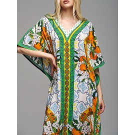 Plus Size Allover Print Coverup Dress, Vacation Batwing Sleeve Loose Beachwear Dress, Women's Plus Size Clothing