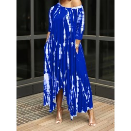 Plus Size Tie Dye Loose Dress, Elegant Half Sleeve Split Dress For Spring & Summer, Women's Plus Size Clothing