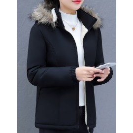 Women's Short Sleeve Winter Coat , Faux Fur Hooded Jacket, Casual Polyester Pullover, Solid Color, Regular Fit, Long Sleeve, No Belt, Zipper Front, Winter Fashion