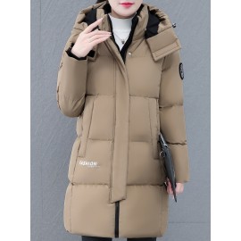 Elegant Plus Size Long Length Hooded Winter Coat with Zipper, 100% Polyester Non-Stretch Casual Style Jacket, Solid Color Warm Padded Outerwear with Regular Sleeves - Winter Collection