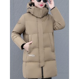 Elegant Plus Size Long Length Hooded Winter Coat with Zipper, 100% Polyester Non-Stretch Casual Style Jacket, Solid Color Warm Padded Outerwear with Regular Sleeves - Winter Collection