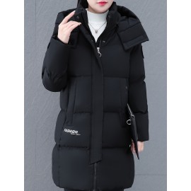 Elegant Plus Size Long Length Hooded Winter Coat with Zipper, 100% Polyester Non-Stretch Casual Style Jacket, Solid Color Warm Padded Outerwear with Regular Sleeves - Winter Collection