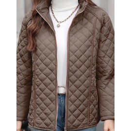 Women's Oversized Polyester Coat, Casual Hug Fit, Small Stand Collar, Long Sleeve, Zipper Closure, Autumn And Winter Warm Coat