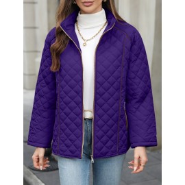 Women's Oversized Polyester Coat, Casual Hug Fit, Small Stand Collar, Long Sleeve, Zipper Closure, Autumn And Winter Warm Coat