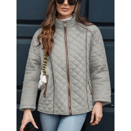 Women's Oversized Polyester Coat, Casual Hug Fit, Small Stand Collar, Long Sleeve, Zipper Closure, Autumn And Winter Warm Coat