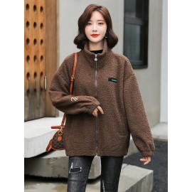 1pc Cozy Plus Size Women'S Casual Sherpa Jacket - Solid Color Polyester Knit Fabric with Slight Stretch, Stand Collar, Long Sleeve Zip-Up Top for Fall/Winter