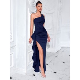 Elegant One Shoulder Split Ruffle Hem Maxi Dress, Sleeveless Slim-Fit Party & Banquet Dress for Women