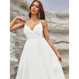 Elegant Sequined Mesh Big Swing Sleeveless Bridesmaid Dress, V-Neck Splicing Wedding Party Dress for Women