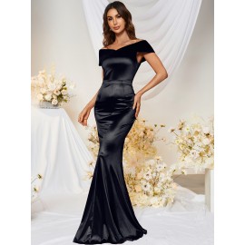 1pc MUXXN Elegant Satin Mermaid Gown for Women - Off the Shoulder Cap Sleeve Bodycon Floor-Length Dress, Solid Color Knit Fabric, All-Season Bodycon for Wedding Bridesmaid