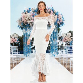 Elegant Off-Shoulder Lace Mermaid Dress for Women - Long Sleeve, Bodycon Fit with Fish Tail Hem, Perfect for Parties & Bridesmaids