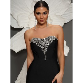 Shiny Sequin Slim Fit Formal Dress, Elegant Strapless Ankle Length Evening Dress For Party & Banquet, Women's Clothing