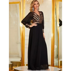 Elegant V-Neck Long Sleeve Dress with Sequin Detail - Polyester & Elastane Blend, Perfect for Parties & Banquets