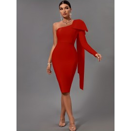 Women's Fashion Sexy Temperament Elegant Tight One Shoulder Long Sleeve Mid-Length Bandage Dress Party Cocktail Evening Dress