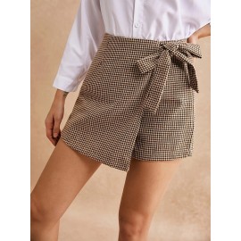 1pc Sexy Houndstooth Print Knotted Side Wrap Shorts, Woven Polyester, Versatile for Spring/Summer/Fall