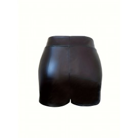 Elegant High-Waist Faux Leather Shorts for Women - Stretchy, Solid Color with V-Shaped Detail, Machine Washable